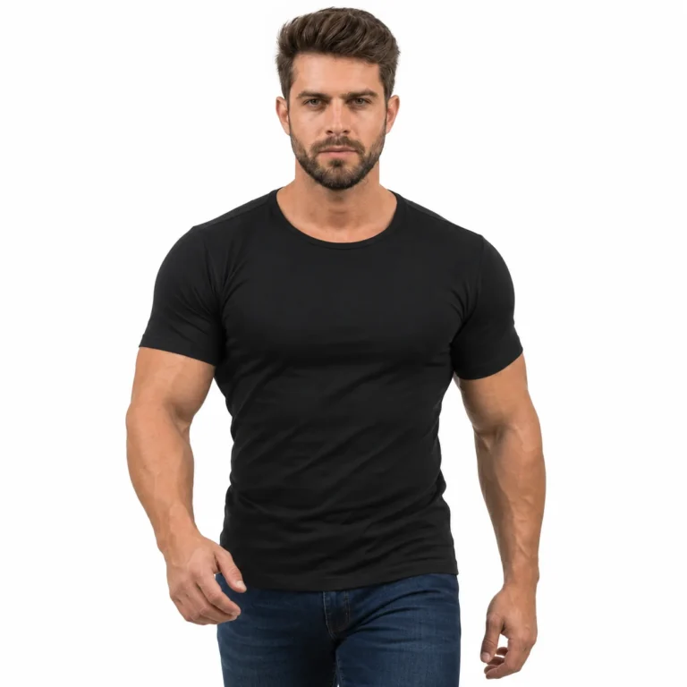 Modelo Caio usando camiseta Camiseta gola redonda Preto da Sjons — 05 passo