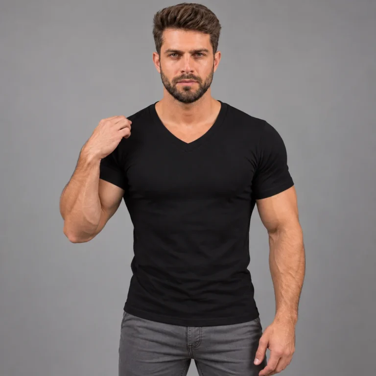 Modelo Caio usando camiseta Gola V com viés Preto da Sjons — 05 toque ombro.png