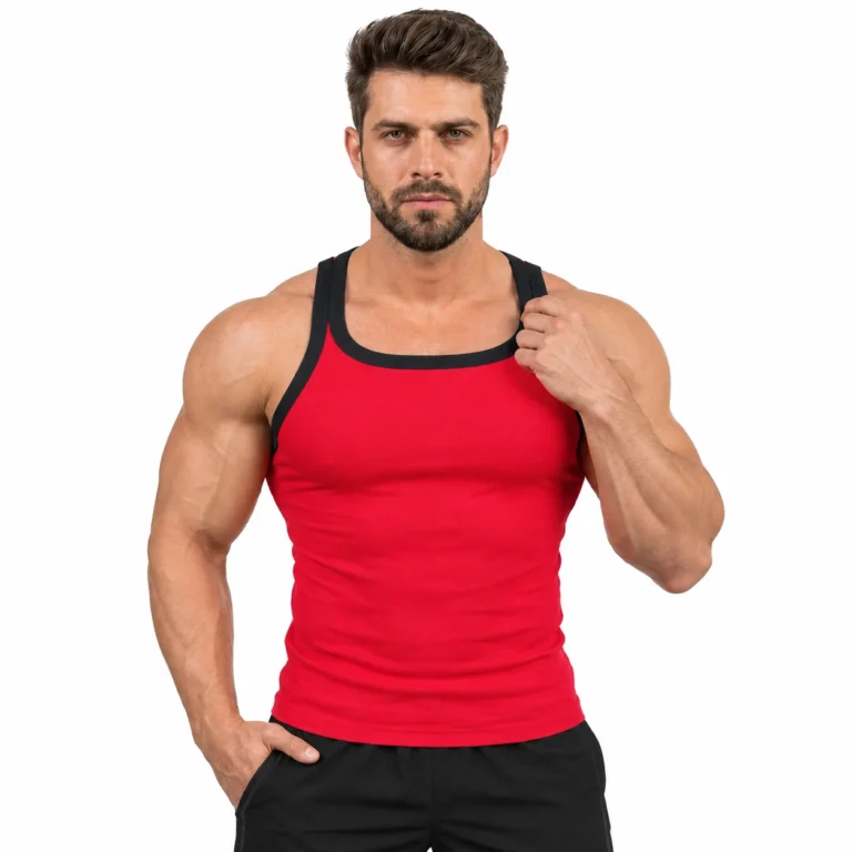 Modelo Caio usando camiseta Regata Tank012 vermelho-35 da Sjons — 05 frente pose 5